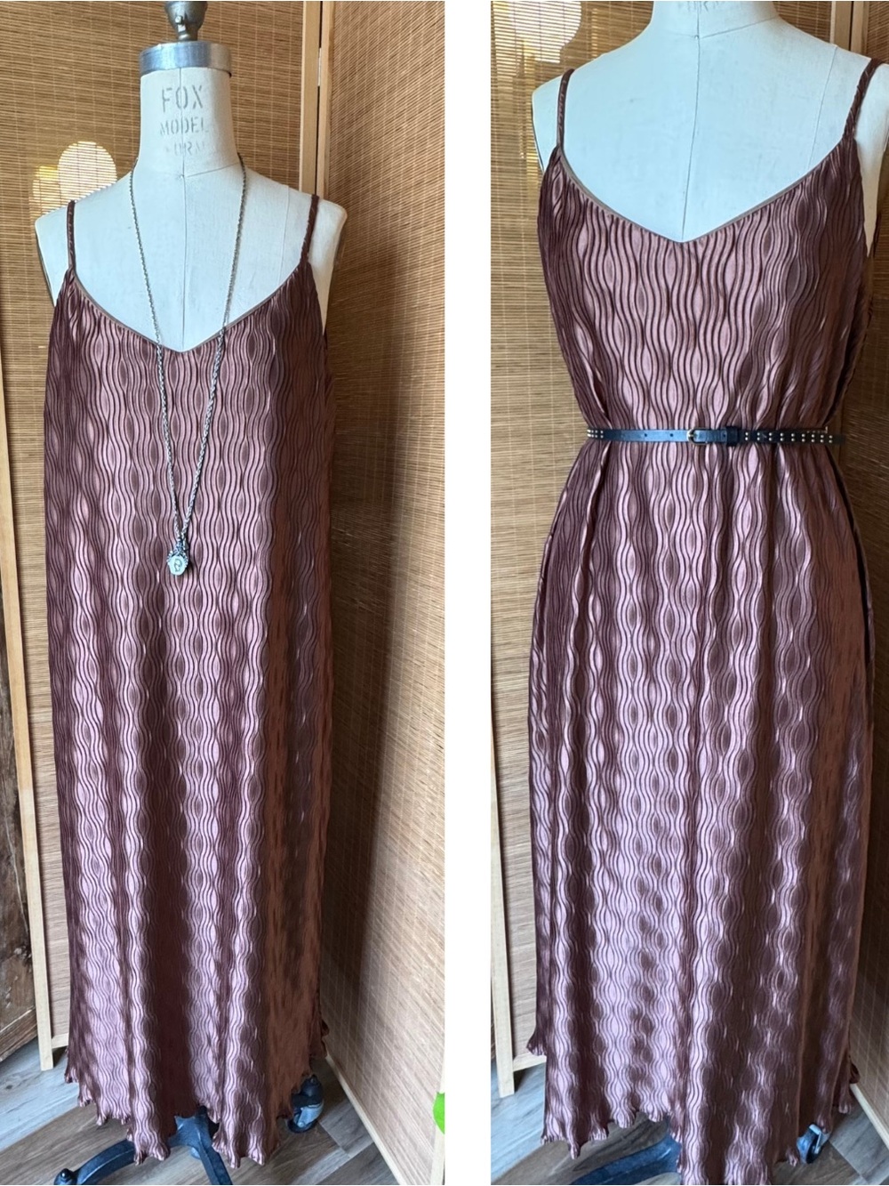 Satin Wave Slip Dress - Bronze